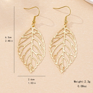 Elegant gold hollow leaf drop earrings with hammered texture and 6.3cm length dimension