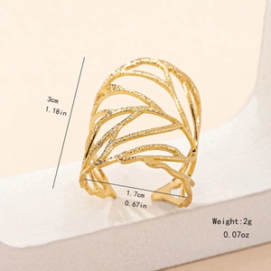 Gold hollow leaf open ring with organic texture and minimalist adjustable design