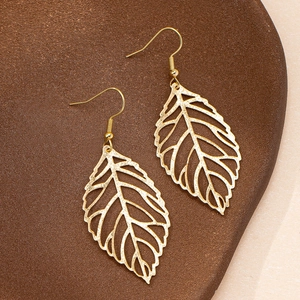 Elegant gold hollow leaf drop earrings with fine matte texture and delicate metallic veins