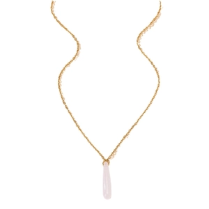 Elegant gold chain necklace with a translucent pink water-drop pendant in minimalist style