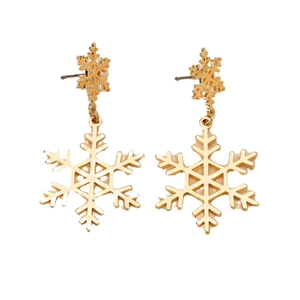 Elegant gold snowflake drop earrings featuring intricate hollow hexagonal winter charms