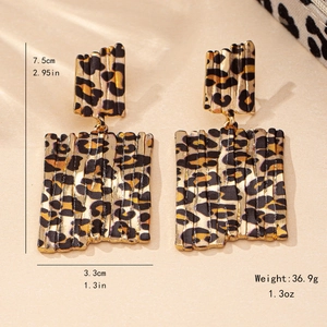 Fashionable leopard print geometric square drop earrings with gold metal base and dimensions