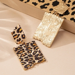 Fashionable leopard print geometric rectangular earrings with gold textured metal backing