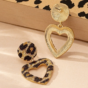Elegant gold-plated heart earrings with leopard print pattern shown in front and back view
