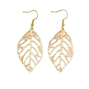 Elegant gold hollow leaf drop earrings with textured matte finish and fishhook back