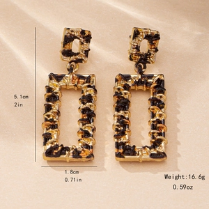 Vintage gold hollow geometric square leopard earrings with black texture detail