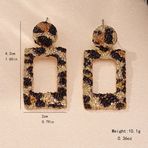 Fashionable geometric square hollow leopard print drop earrings with gold and black finish