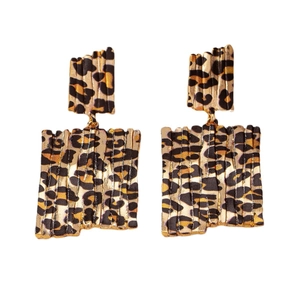 Fashion geometric square leopard print earrings with vintage wrinkled gold metal texture