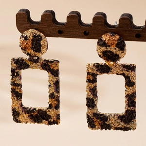 Elegant geometric square hollow leopard print drop earrings with vintage gold texture