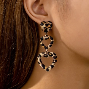 Leopard Print Triple Heart Dangle Earrings Hollow Alloy Tiered Drop Ear Jewelry For Women Fashion Vintage Style