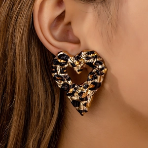 Leopardmuster Herz Stecker Ohrringe Retro Gehämmerte Legierung Hohl Schmuck Für Frauen Vintage Mode
