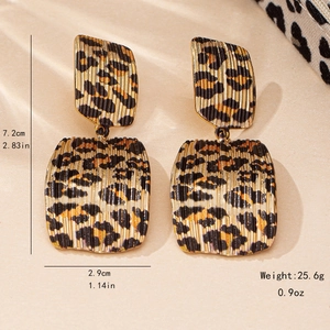 Retro geometric square leopard print drop earrings with wavy brushed metal texture