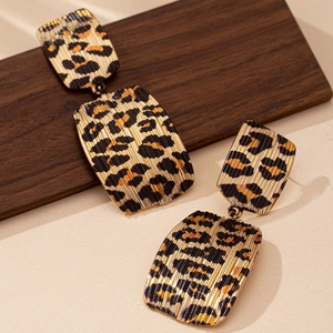 Elegant geometric square leopard print drop earrings with vintage golden metallic texture