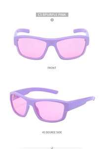 Vues de face et de côté à 45 degrés de lunettes de soleil Y2K violettes avec verres roses