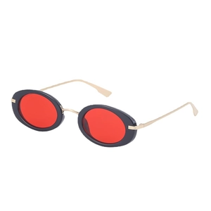 Retro steampunk oval sunglasses with black frame, red lenses and gold metal temples