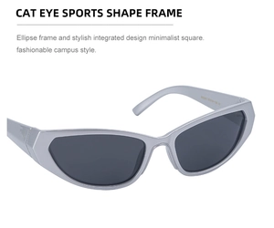 Macro detail of Y2K cat-eye sports sunglasses with silver frame and dark grey lenses