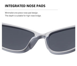 Detail view of integrated nose pads on silver-grey Y2K polarized sports sunglasses