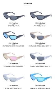 Detailed color chart of model 3341 polarized Y2K sports sunglasses in 8 varied finishes