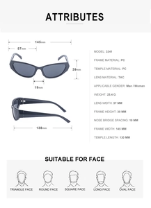 Detailed size chart and technical specifications for Y2K polarized sports sunglasses