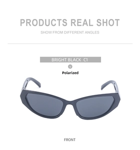 Front view of bright black cat eye polarized Y2K sunglasses with sleek finish