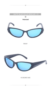 Front and side view of matte black Y2K polarized sports sunglasses with blue mercury lenses