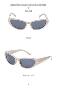 Polarized rose gold cat-eye sunglasses with gray lenses shown in front and side views