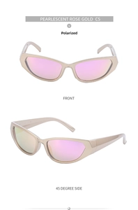 Detailed view of pearlescent rose gold polarized Y2K sunglasses from multiple angles