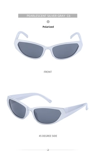 Detailed views of pearlescent silver gray cat-eye polarized sunglasses in dual angles
