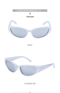Front and 45-degree side view of silver Y2K cat-eye polarized sunglasses with mercury lenses
