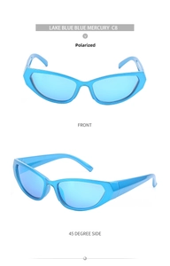 Detailed front and side view of lake blue mercury polarized Y2K sport sunglasses