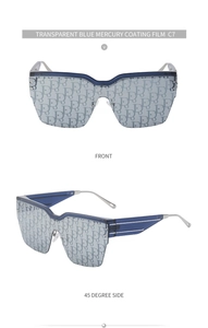 Détails de lunettes de soleil sans monture avec monogramme bleu et branches métalliques