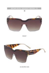 Vues détaillées de face et de profil de lunettes de soleil oversize avec motif léopard brun