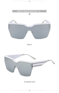 Vue de face et de profil de grandes lunettes de soleil demi-cerclées blanches à miroir