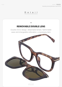 Detail of magnetic snap-on sunglasses with tortoiseshell frame and anti-blue light lens