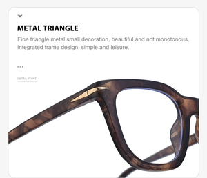 Detail view of tortoiseshell eyewear frame with stylish metal triangle temple decoration