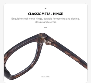 Close-up of durable metal hinge on retro tortoiseshell square glasses frame