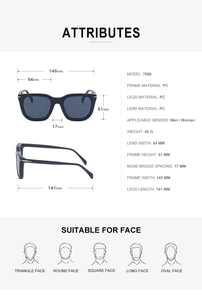 Detailed technical specification chart for square frame magnetic clip-on sunglasses