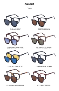 Flat lay of eight magnetic clip-on sunglasses styles featuring retro square frame designs