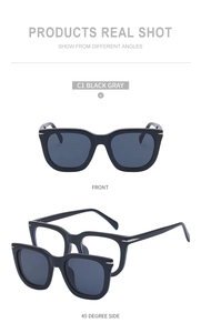 Detail view showing magnetic clip-on square sunglasses with silver corner accents on frame