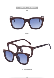 Magnetic clip-on sunglasses with brown grain frame and blue gradient lenses
