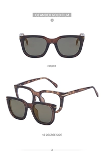 Detail of amber tortoiseshell magnetic clip-on sunglasses and frame in amber gold film