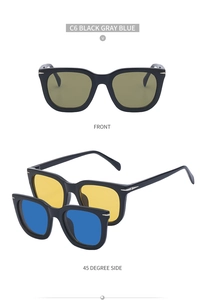 Front and 45-degree side views of square magnetic sunglasses with multi-color lenses