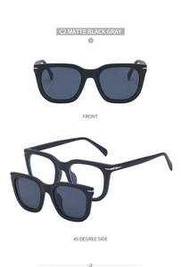 Detail of matte black square frames with detachable magnetic gray sun lenses