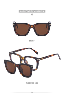 Macro detail of tortoiseshell magnetic clip-on sunglasses showing the magnetic attachment system
