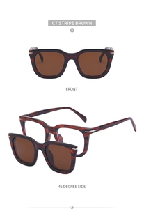 Detail view of retro square magnetic clip-on sunglasses in C7 stripe brown finish