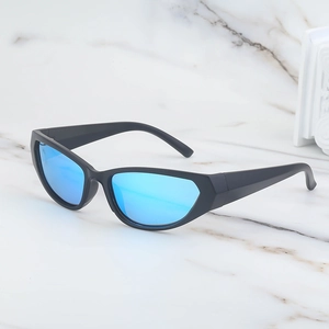 Y2K polarized sports sunglasses with black matte frame and blue reflective lenses