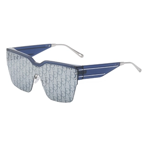 Lunettes de soleil bouclier surdimensionnées avec monture bleue et verres à motifs