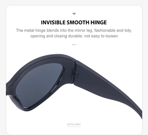 Détail des charnières métalliques lisses sur lunettes de soleil de sport noires Y2K