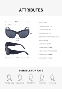 Spécifications de taille pour lunettes de soleil de sport PC 6708 avec dimensions