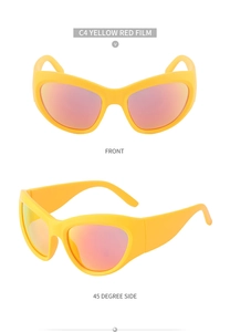 Vues de face et de profil de lunettes de soleil de sport œil-de-chat jaunes avec verres rouges